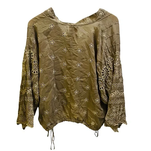 JOHNNY WAS Olive Green Whimsigoth Embroidered Side Tie Peasant Blouse Bohemian - Picture 2 of 6